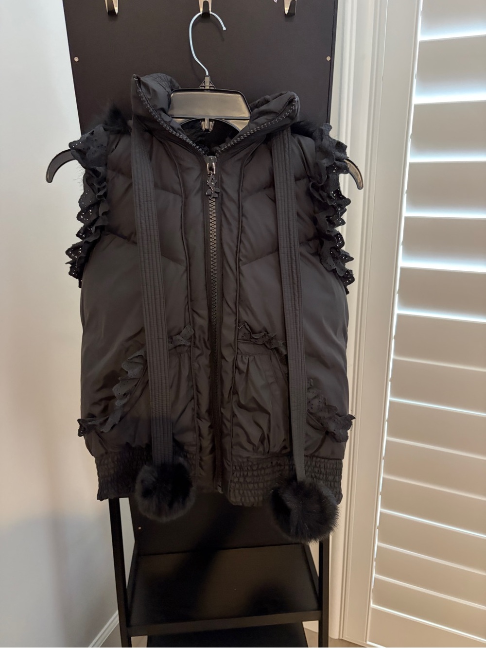 Betsey Johnson Black Hooded Puffer Vest with Pom-Pom Ties and Lace Trim Size Med